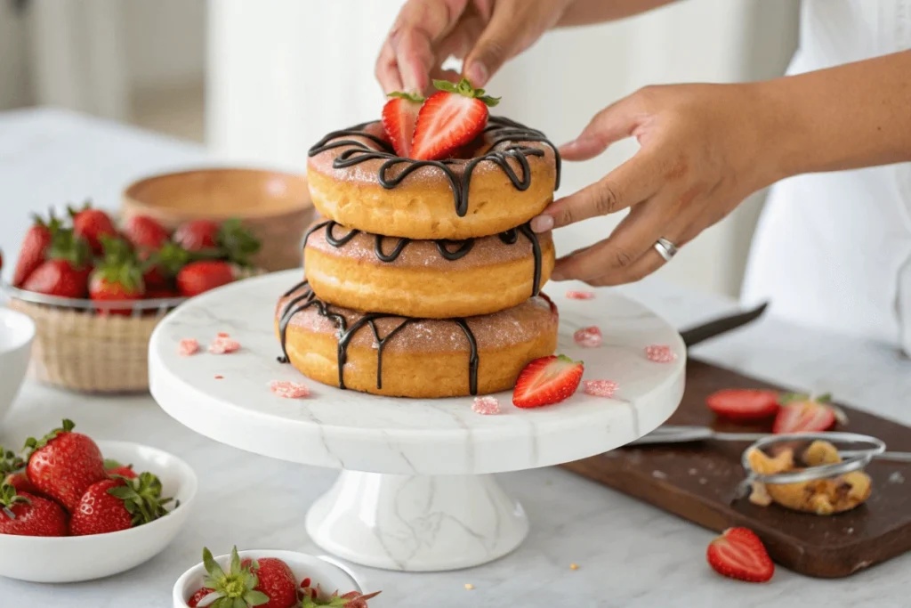 Hands assembling a donut cake with chocolate glaze and strawberries