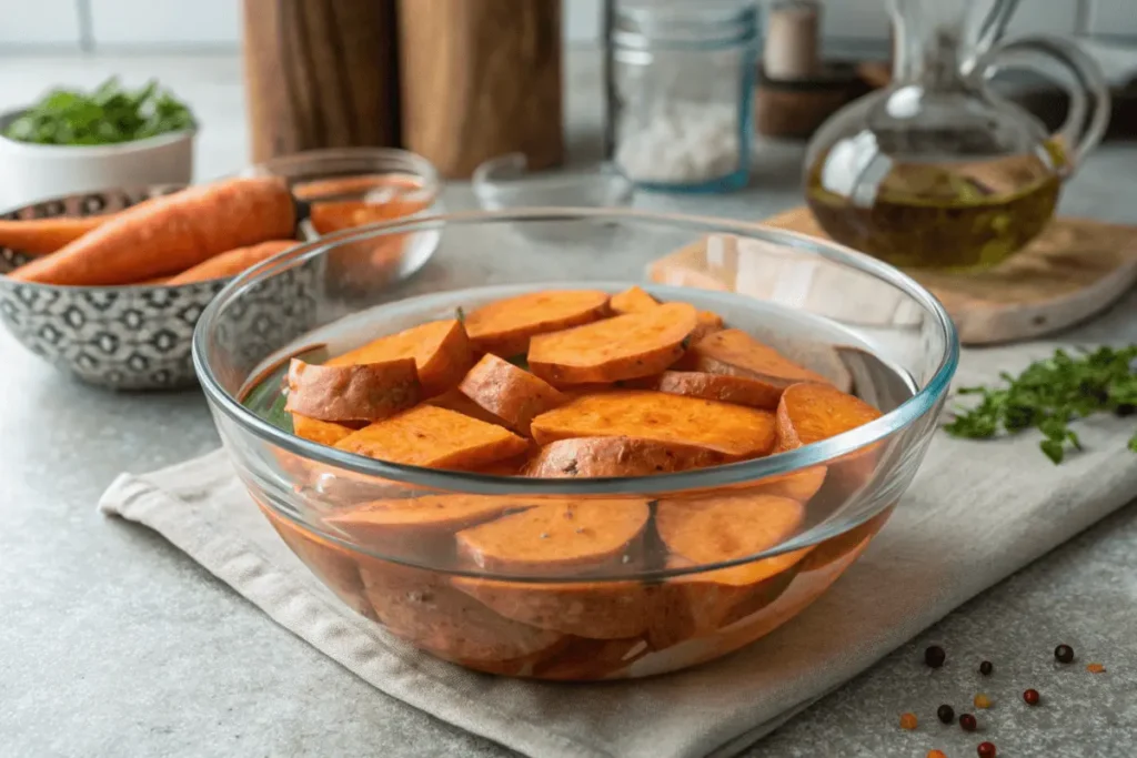 Sliced sweet potato wedges soaking in water with starch visible