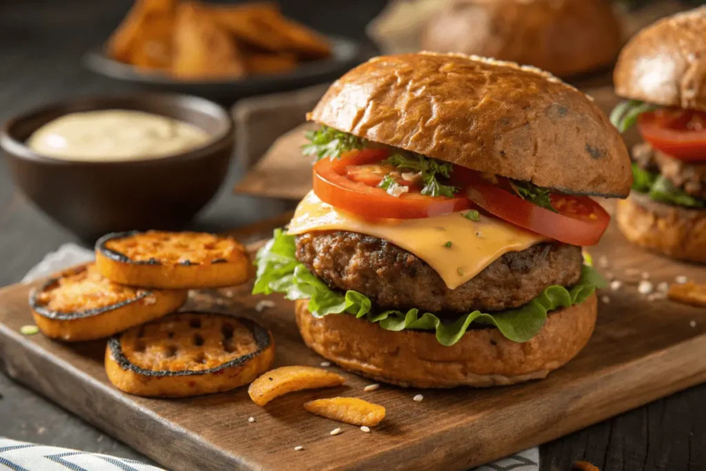 A burger with roasted sweet potato rounds used as buns and fresh fillings