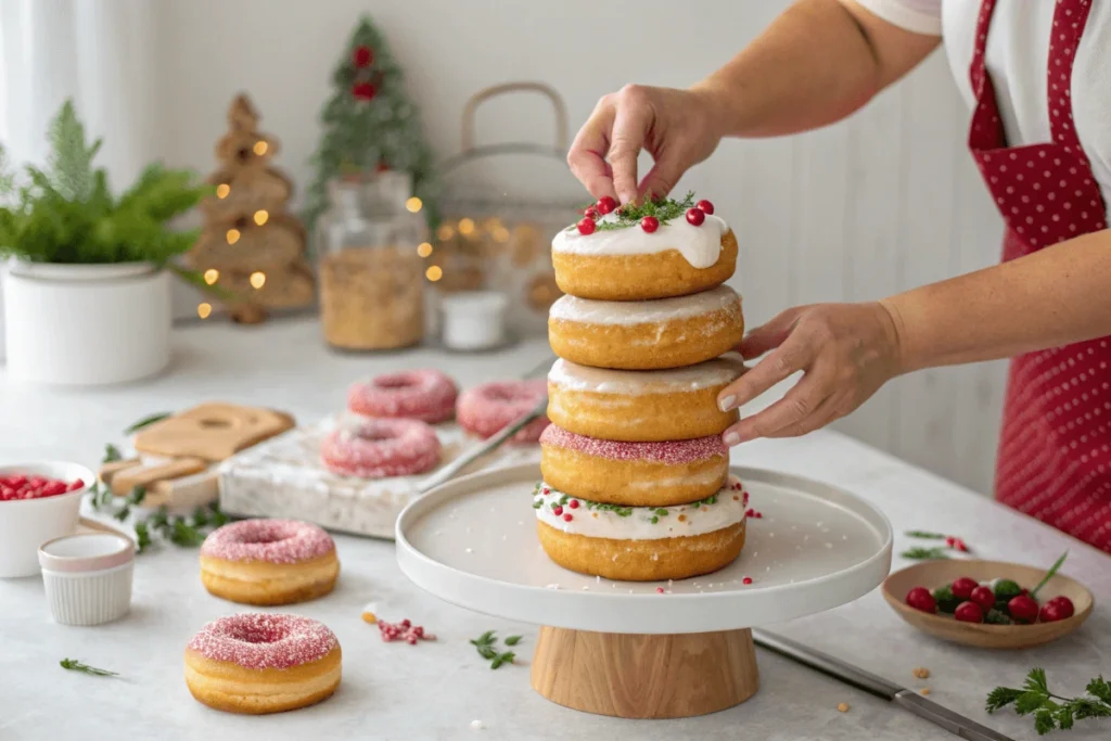 Person assembling a donut cake with frosting and decorations