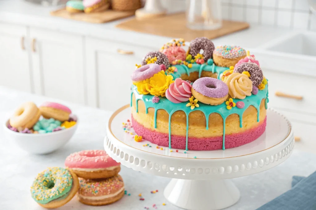 Donut cake with colorful frosting and sprinkles on a cake stand