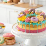 Donut cake with colorful frosting and sprinkles on a cake stand