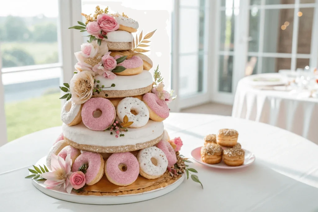 Wedding-themed donut cake with floral accents and gold leaf