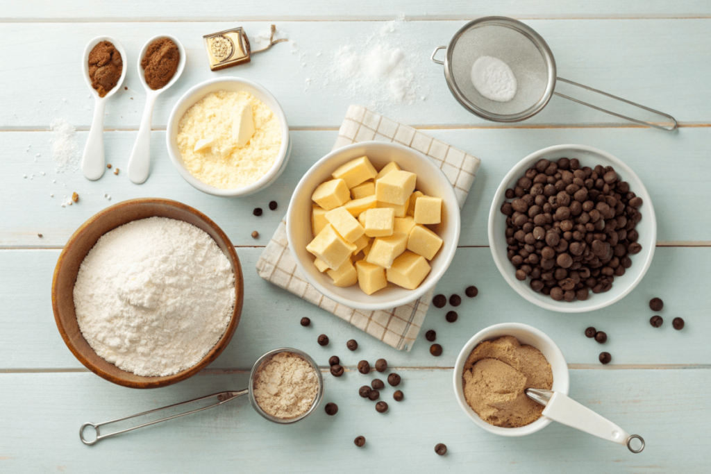 Ingredients for Crumbl cookie dough cookie, including flour, sugar, butter, and chocolate chips