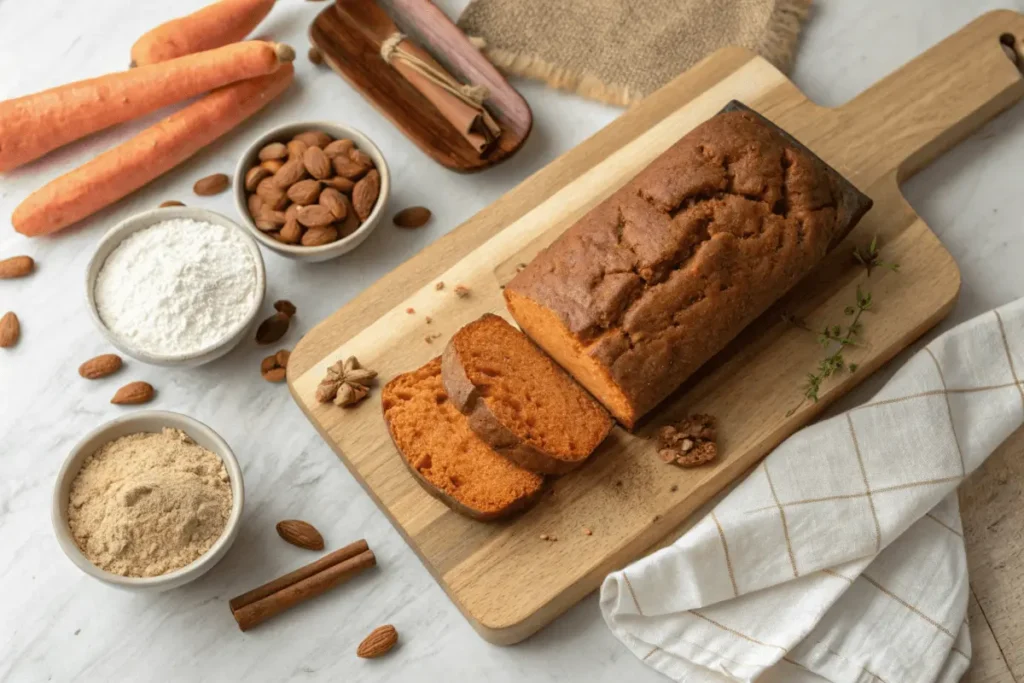 Freshly baked sweet potato bread on a wooden cutting board with ingredients around it