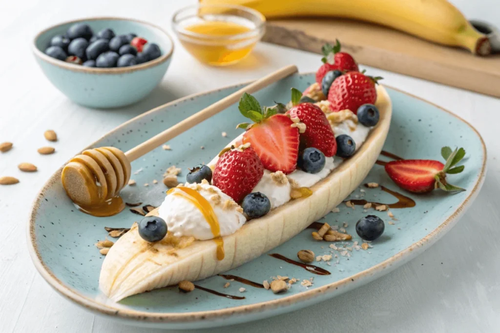 Healthy banana split alternative with Greek yogurt and fruits