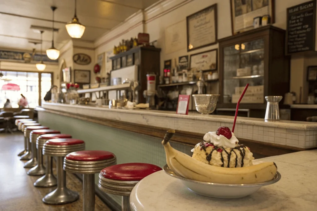 Vintage soda fountain serving banana split