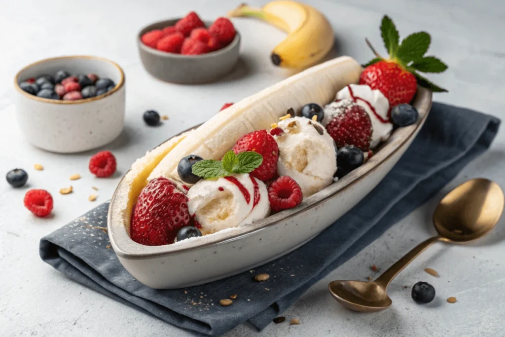 Vegan banana split with plant-based ice cream and fresh fruit