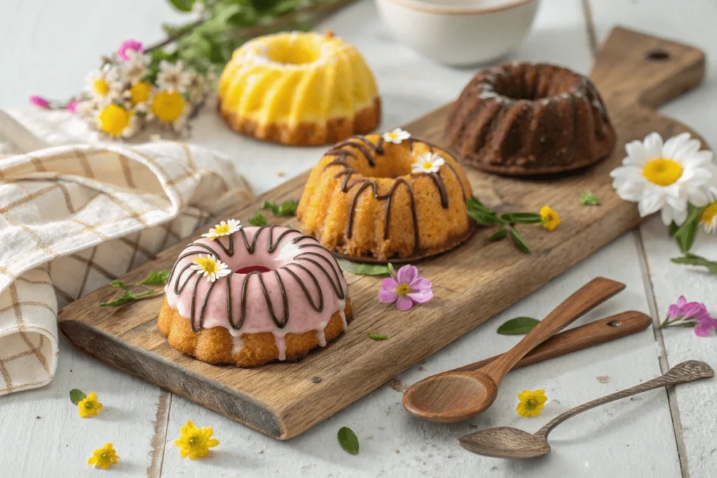 Mini Bundt cakes with lemon, chocolate, and caramel toppings on a rustic board