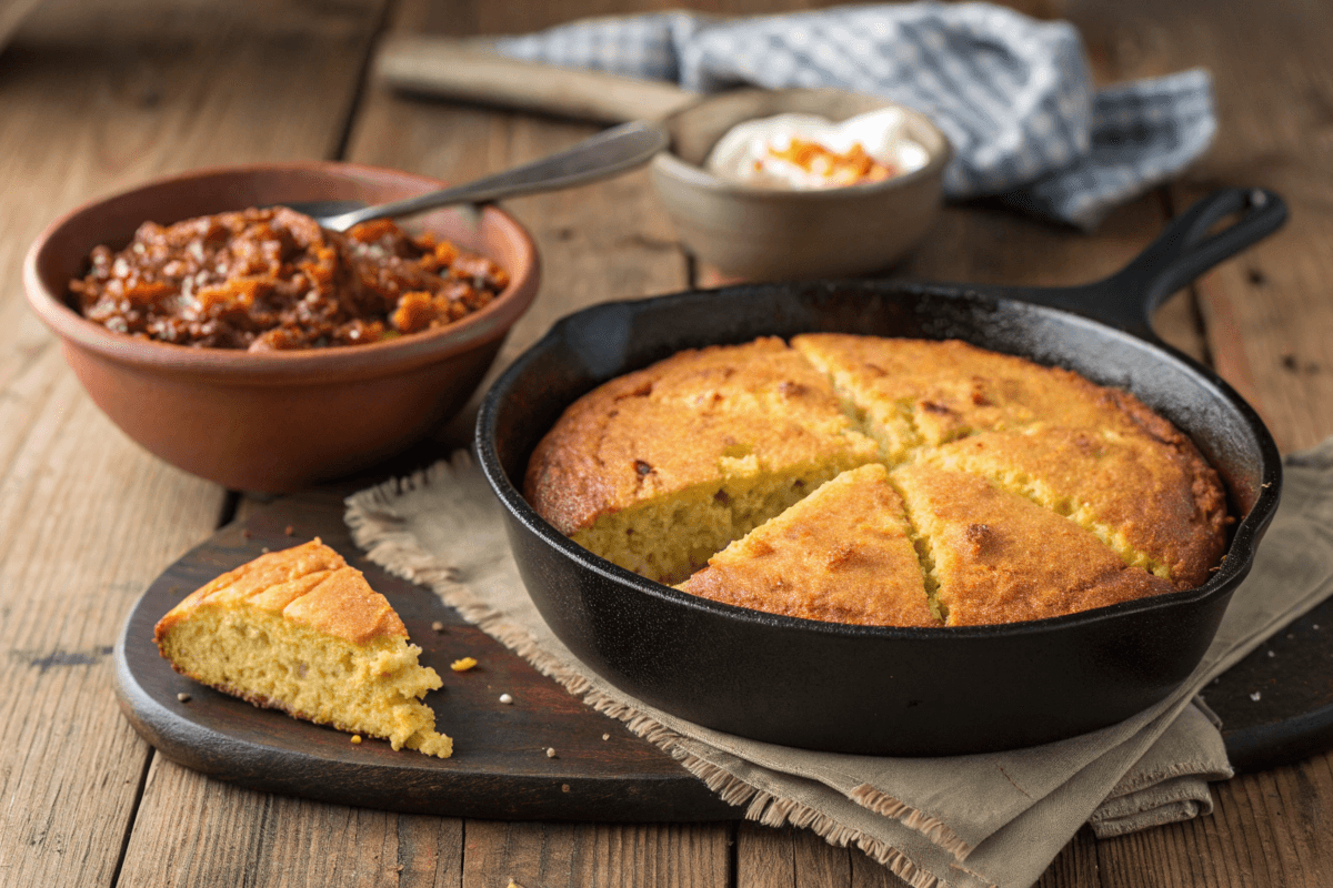 Rustic Southern cornbread in a cast-iron skillet