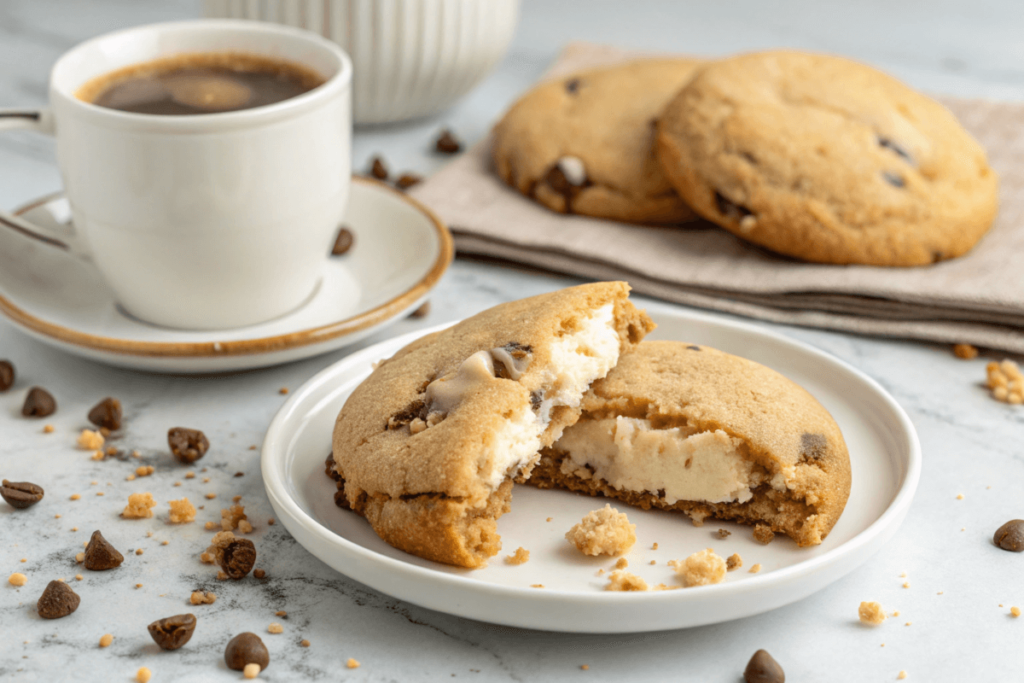 A partially eaten Crumbl cookie dough cookie with its gooey center visible