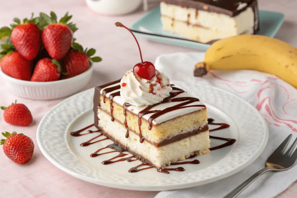 A slice of banana split cake on a white plate with whipped cream and fresh fruit