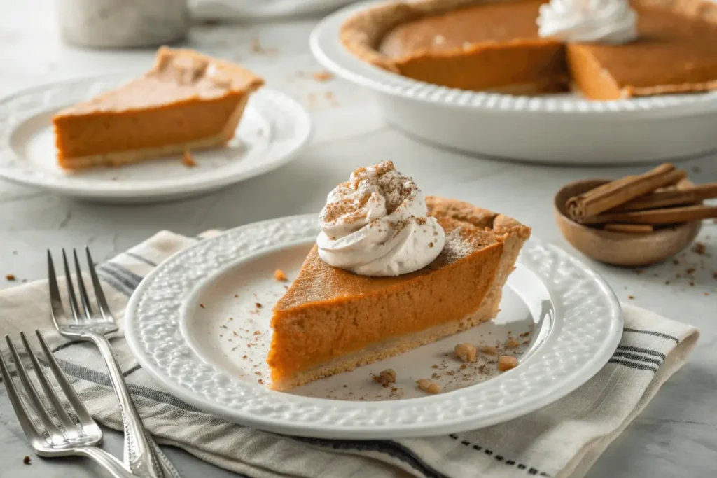 A slice of sweet potato pie with whipped cream and cinnamon garnish