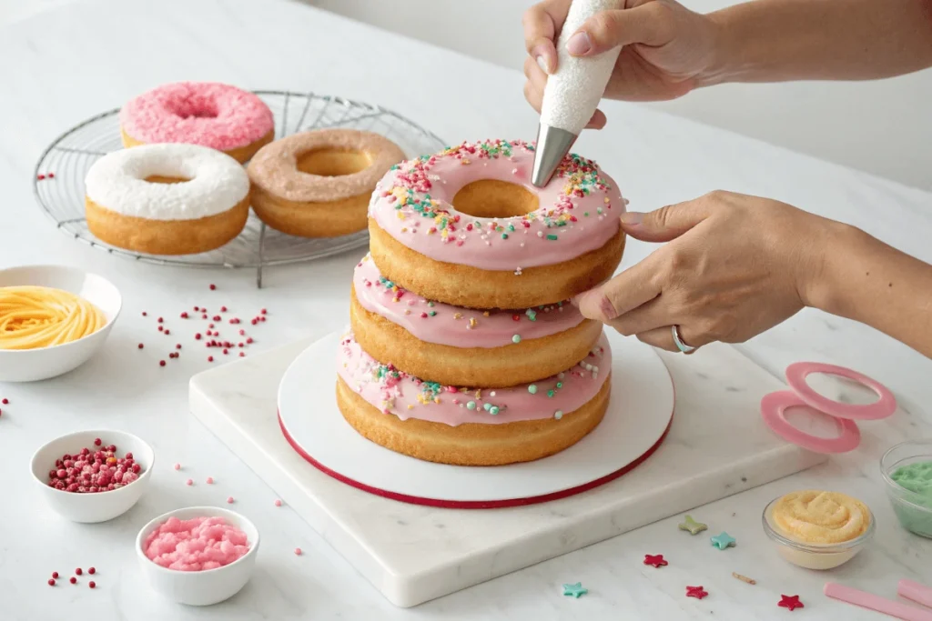 Step-by-step guide to building a donut cake with donuts and frosting