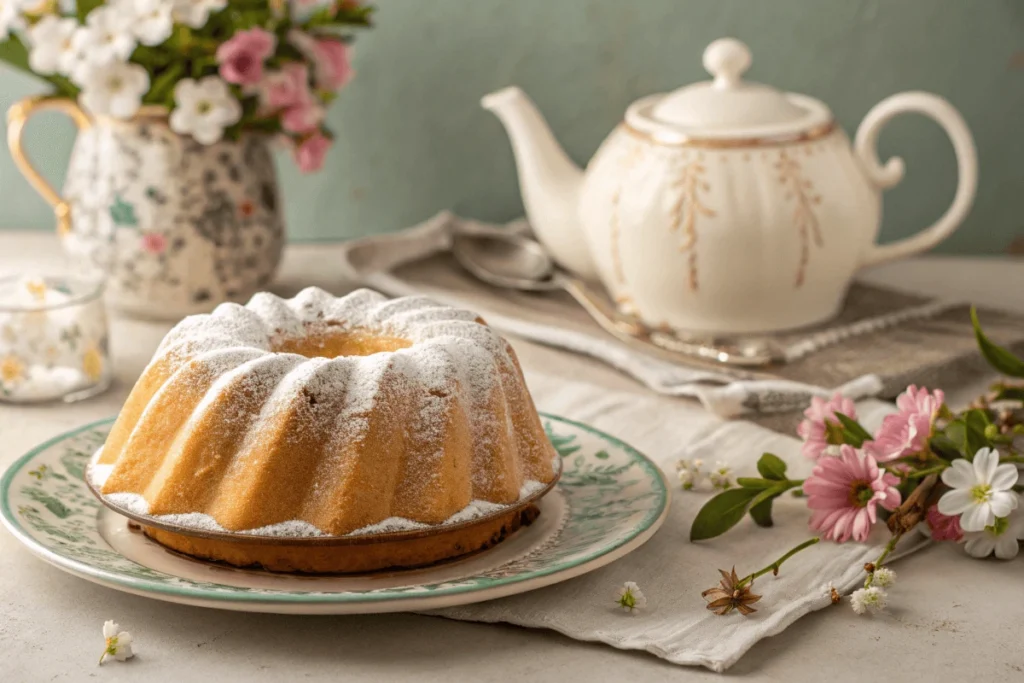 Traditional gugelhupf cake with powdered sugar on a decorative plate