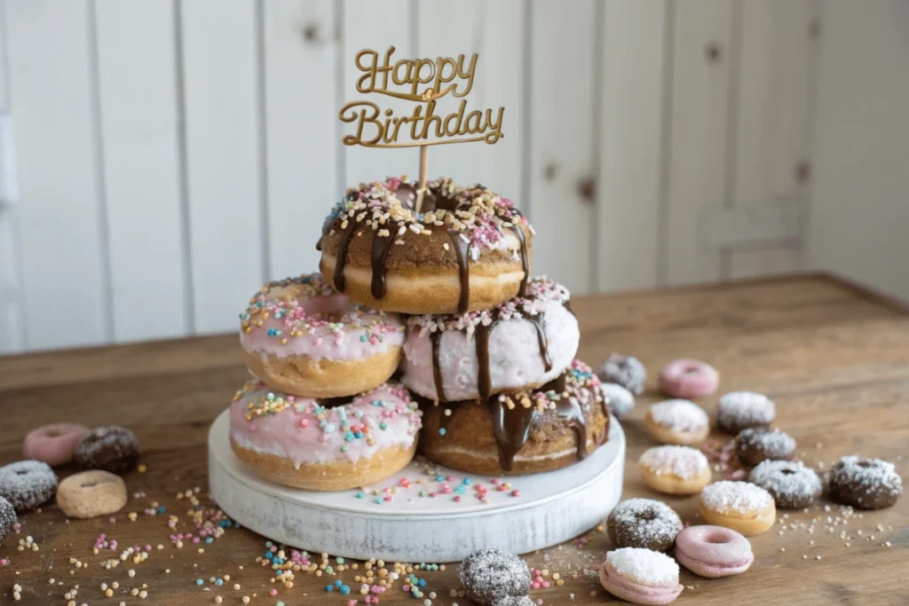 Two-tiered donut cake with chocolate and powdered donuts