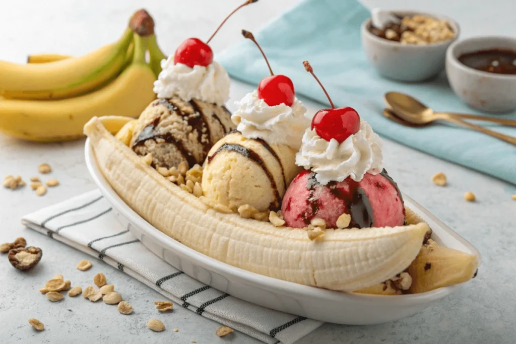 Classic banana split dessert with ice cream, whipped cream, nuts, and a cherry