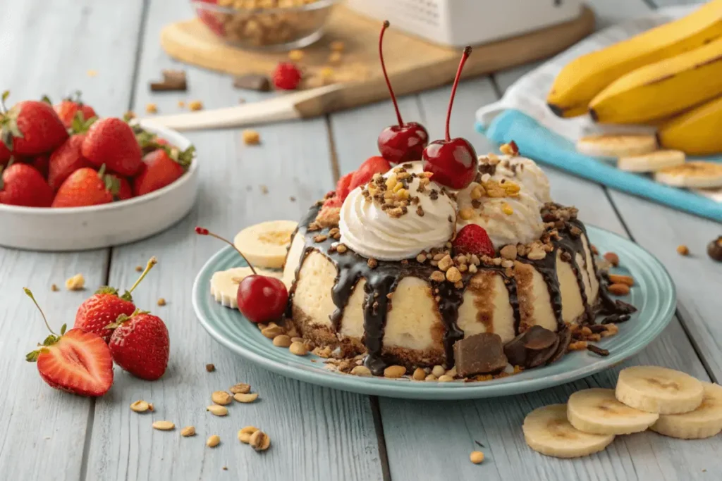 A vibrant banana split cake with whipped cream and cherries on a rustic table