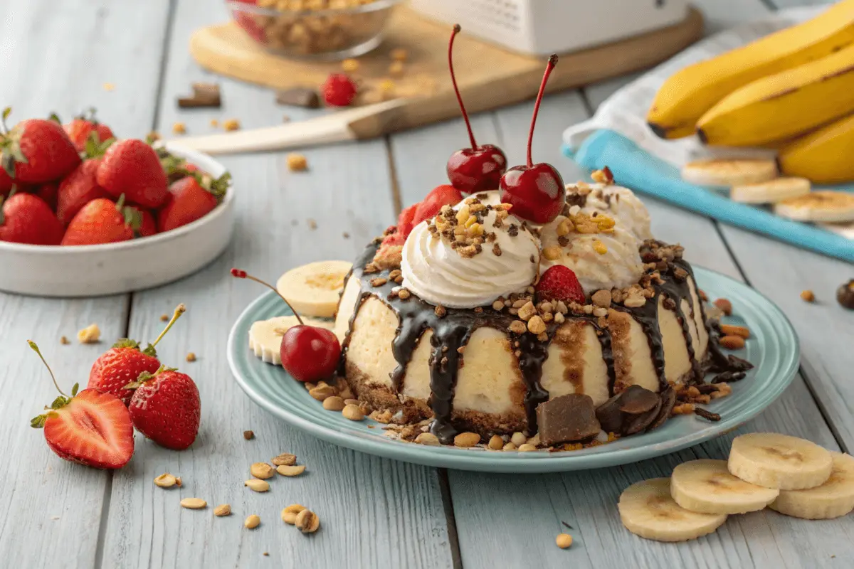 A vibrant banana split cake with whipped cream and cherries on a rustic table