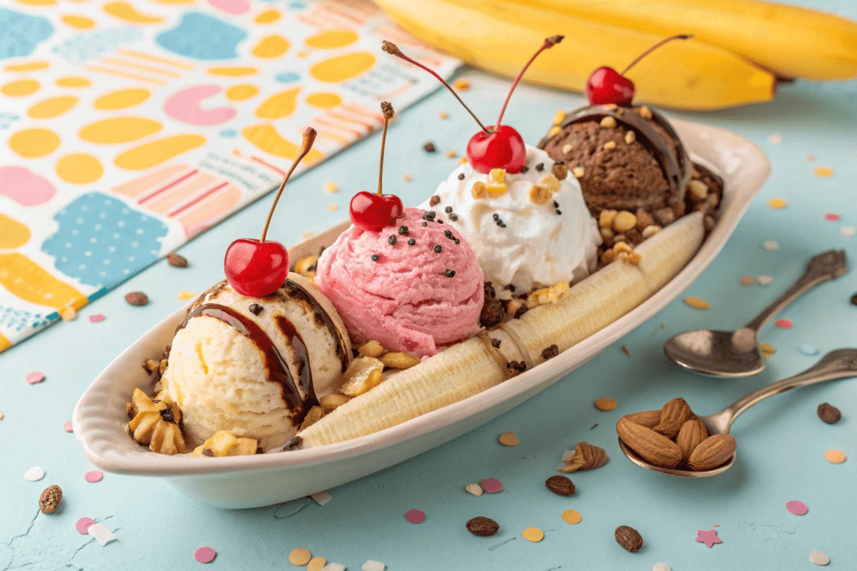 Classic banana split with ice cream and toppings