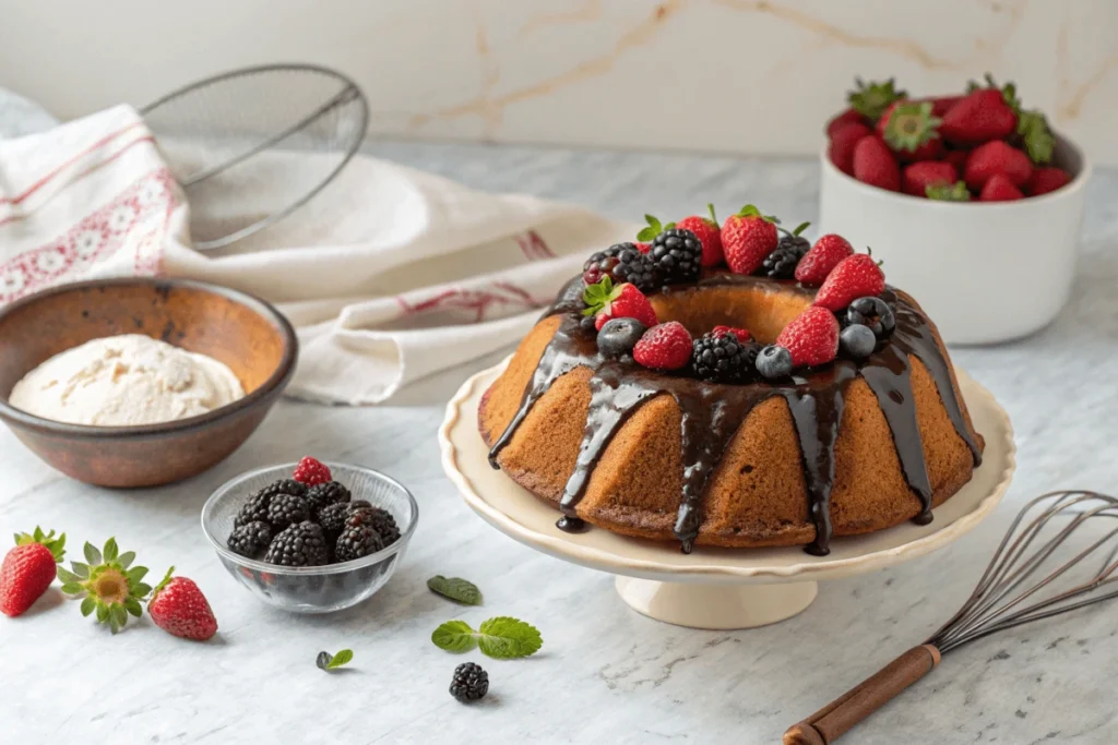 Bundt cake with chocolate glaze and fresh berries on a marble countertop