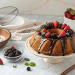 Bundt cake with chocolate glaze and fresh berries on a marble countertop