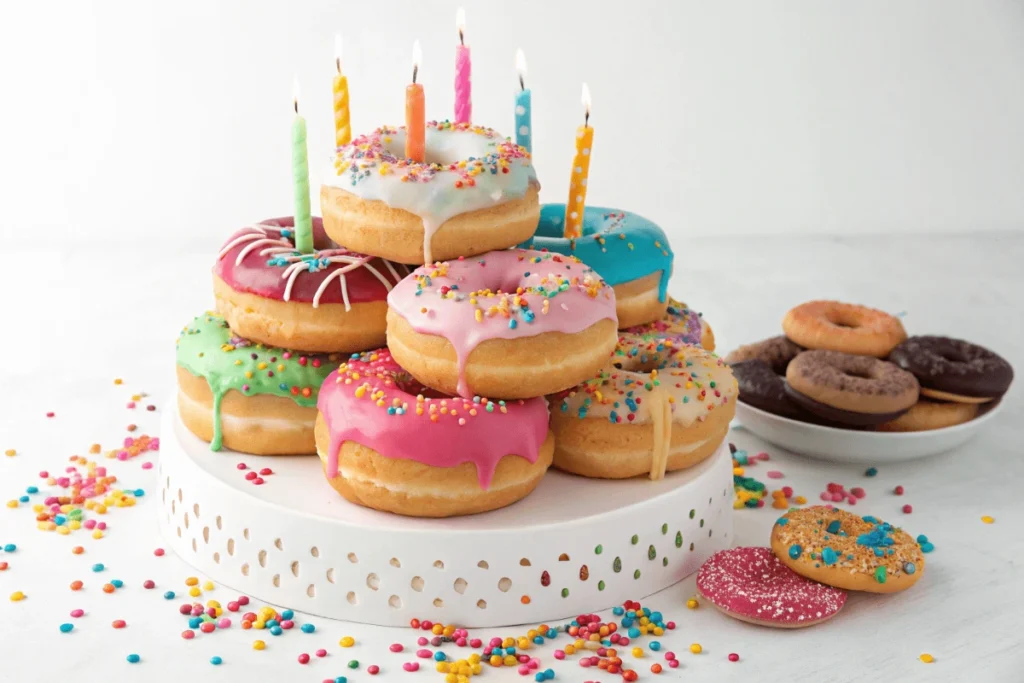 Colorful donut cake featuring glazed donuts and sprinkles