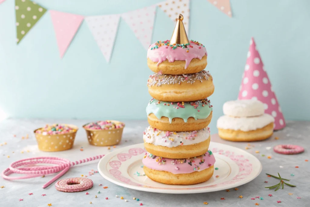 Whimsical donut cake tower with pastel frosting and candy sprinkles