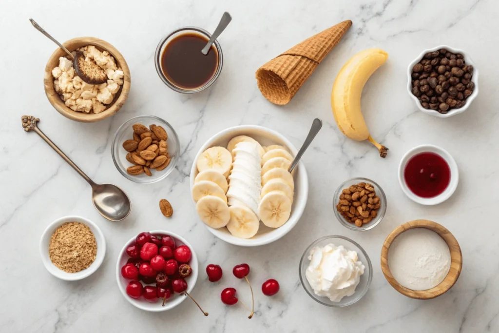 Ingredients for making a banana split arranged on a marble countertop