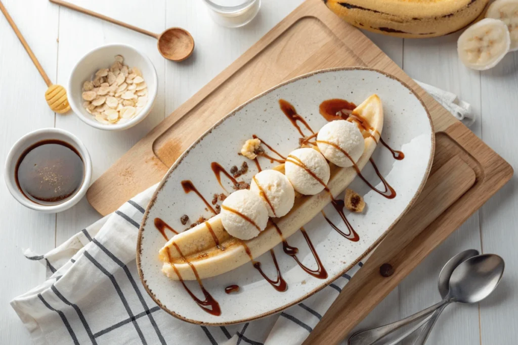 A step-by-step view of a banana split being assembled in a kitchen