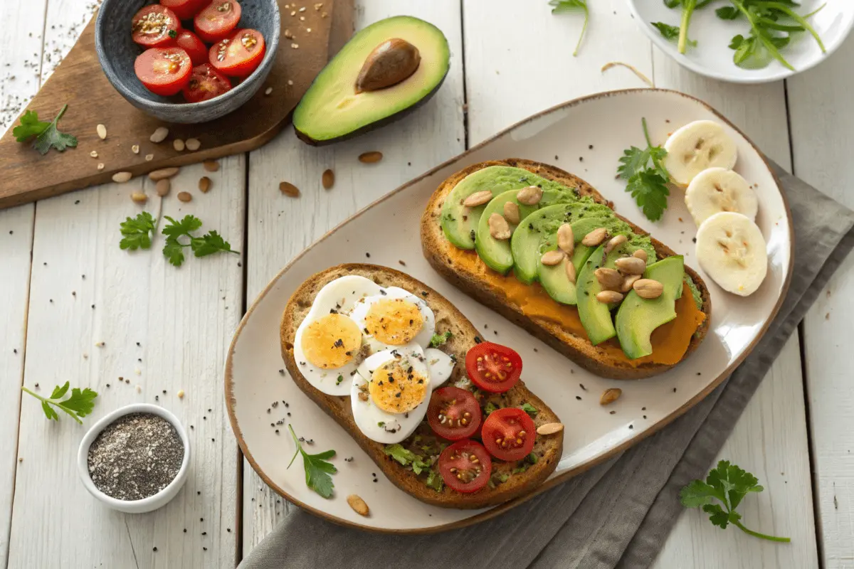 Sweet potato toasts with avocado, poached egg, almond butter, and banana slices on a rustic table