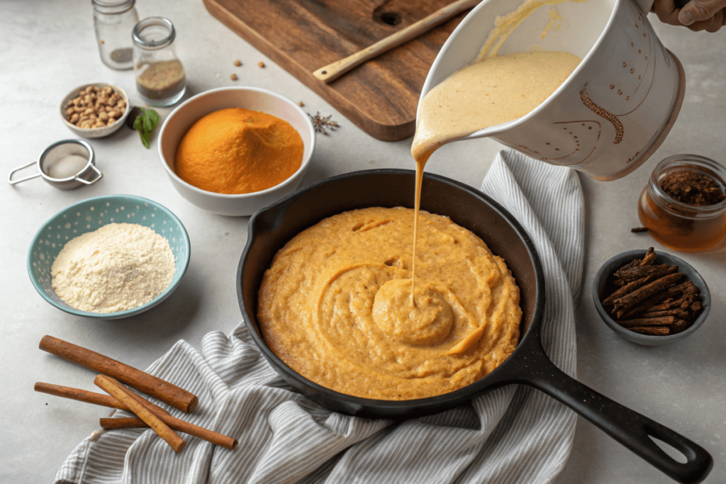 Sweet potato cornbread batter in a cast-iron skillet