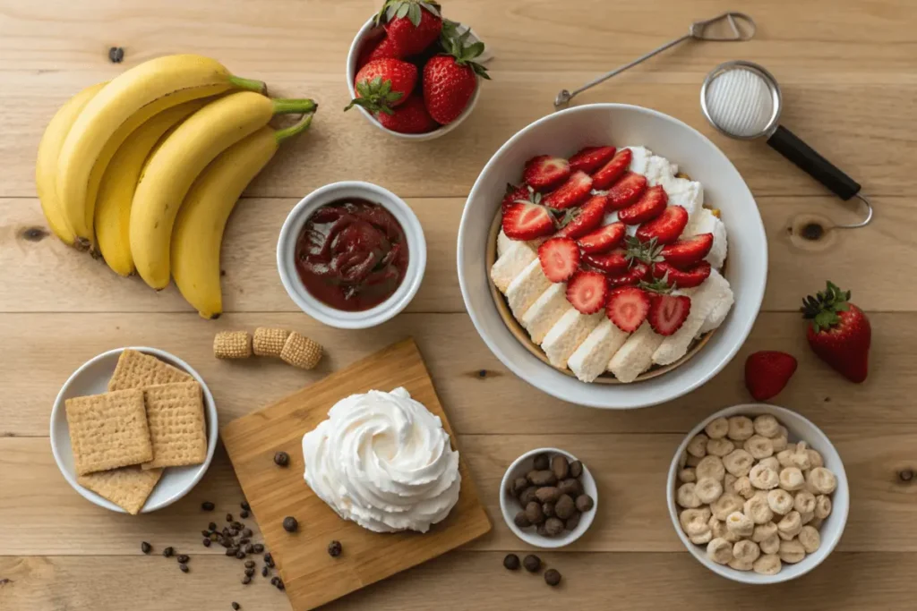 Ingredients for banana split cake: bananas, strawberries, cream cheese, and graham crackers