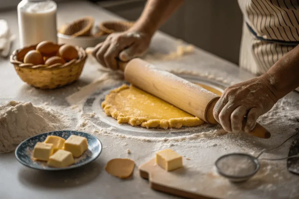 Hands rolling out pie dough with flour on the counter