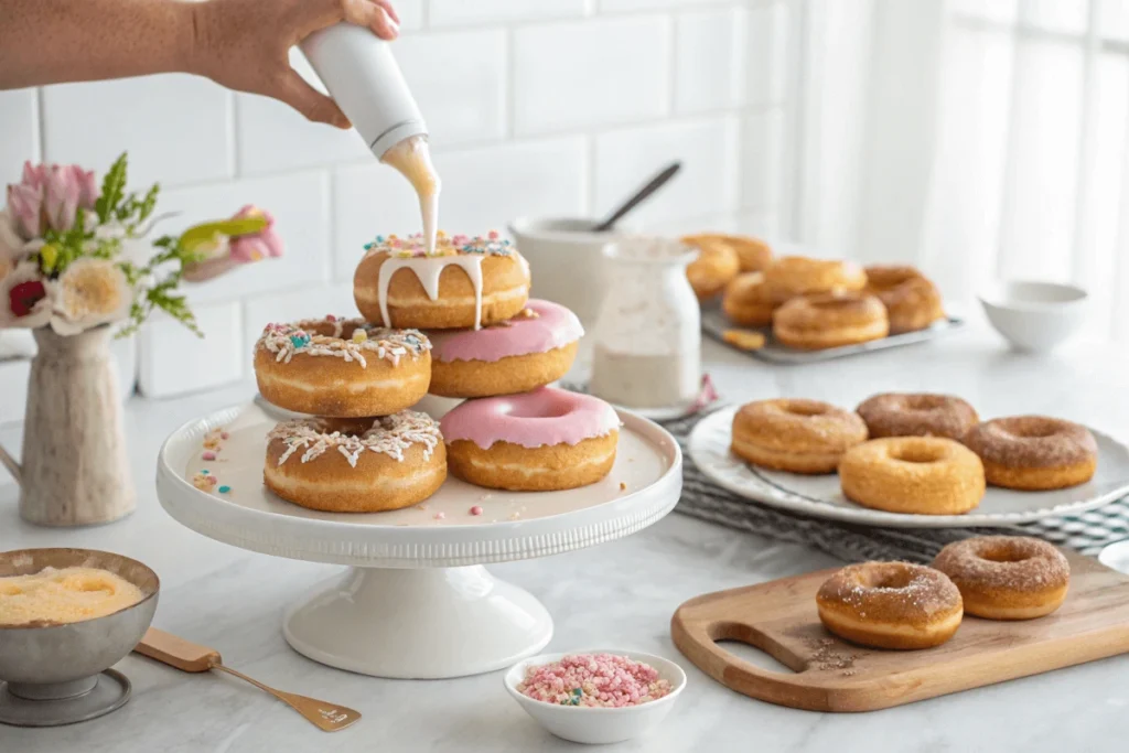 Step-by-step process of assembling a donut cake with frosting and decorations