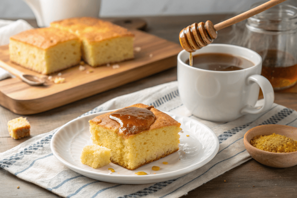 Sweet cornbread with honey drizzle on a plate